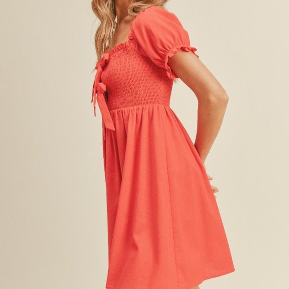 New Boho Puff Sleeve Front Tie Mini Dress Red - Picture 4 of 6